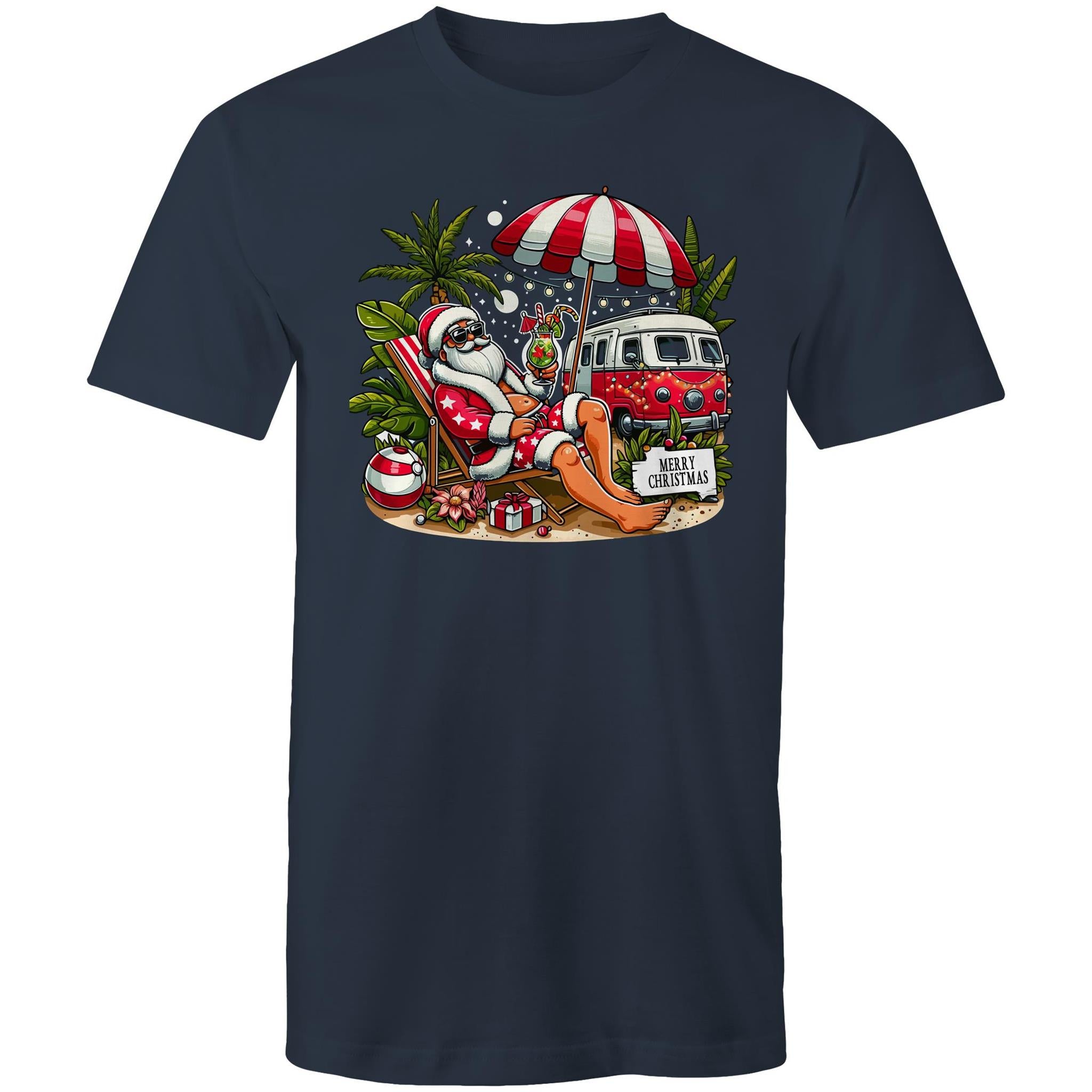 Santa By The Beach - Mens T-Shirt Navy Mens Christmas T-shirt Christmas Printed In Australia