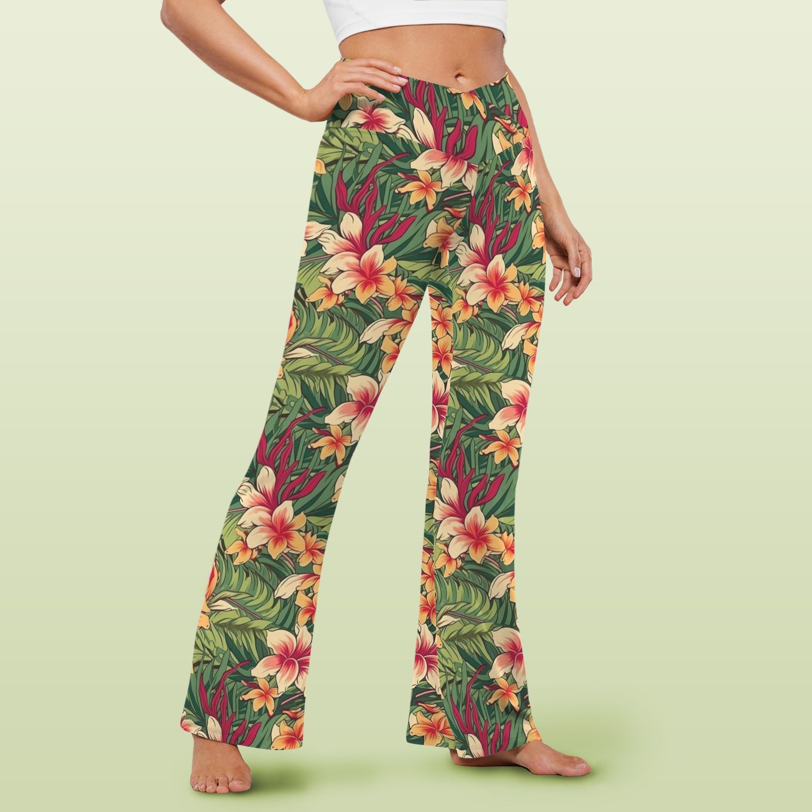 Vintage Hawaiian Floral - High Waist Crossover Tummy Control Flare Leggings