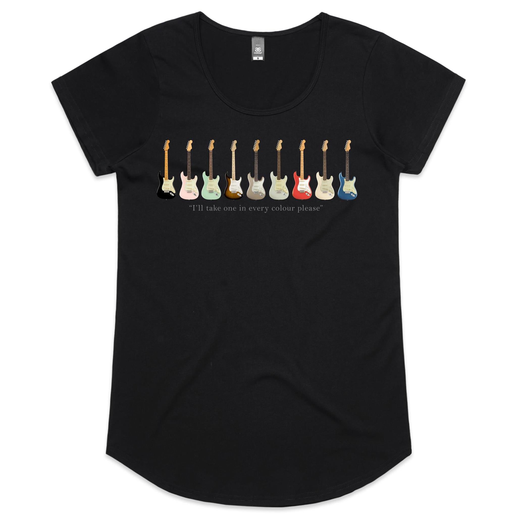 Guitars In Every Colour - Womens Scoop Neck T-Shirt Black Womens Scoop Neck T-shirt Music Printed In Australia