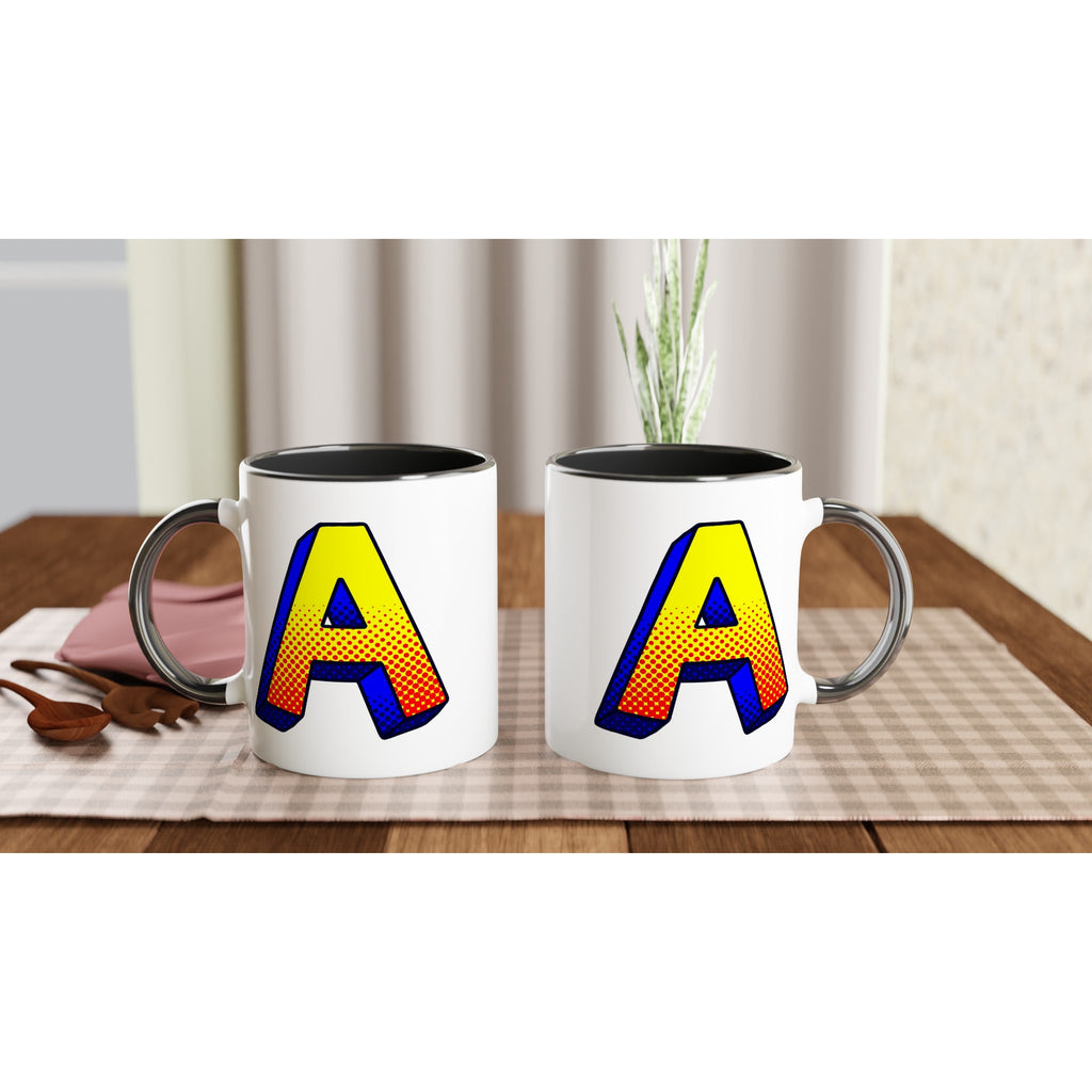 Personalised - Comic Book Initial - White 11oz Ceramic Mug with Color Inside Personalised 11oz Mug comic Customise Globally Fulfilled Name Personalise