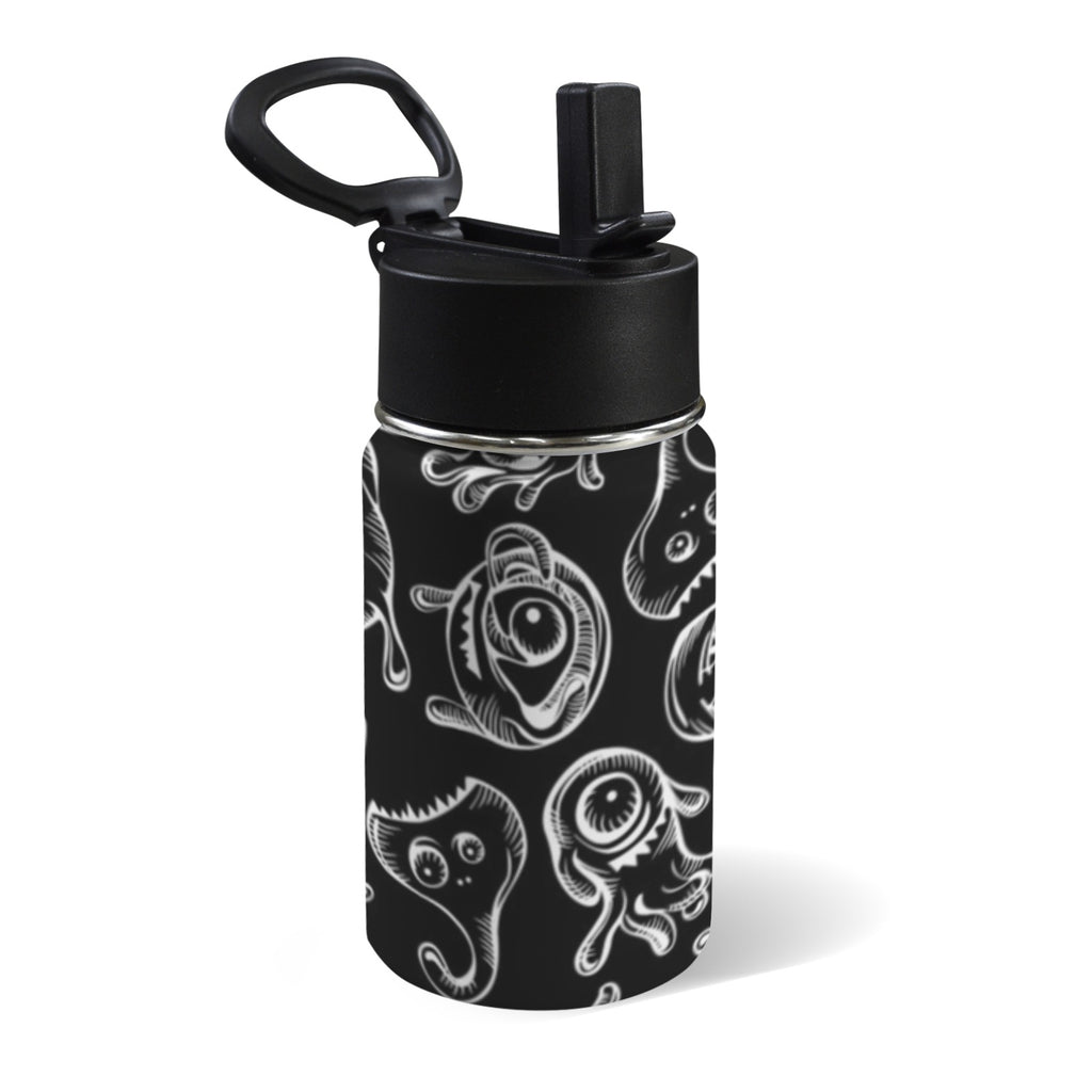 Monsters In Black And White 12oz Kids Water Bottle with Straw Lid