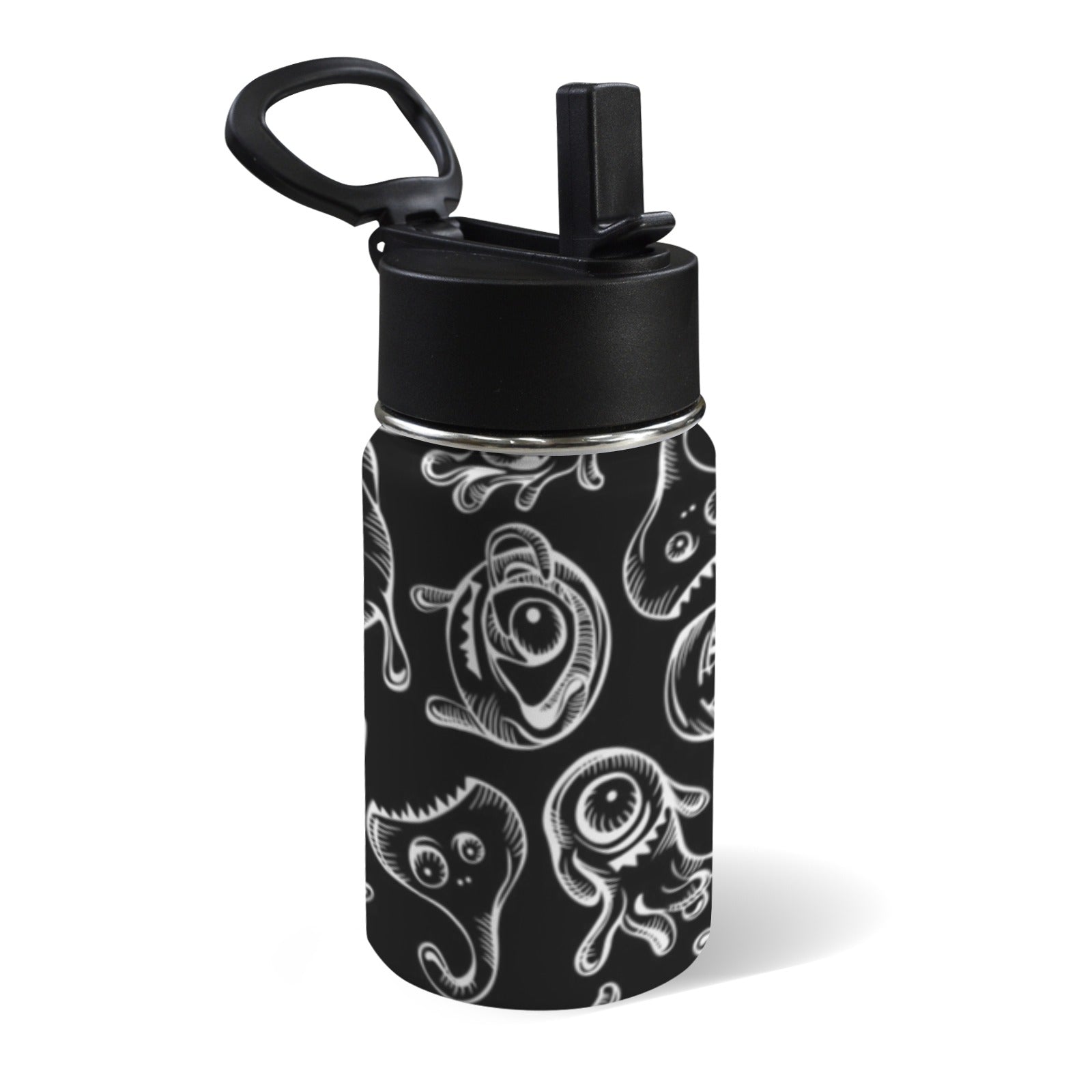 Monsters In Black And White 12oz Kids Water Bottle with Straw Lid