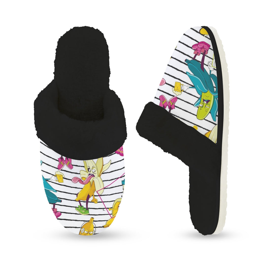 Ugly Bananas Women's Fur Trim Thick-Sole Indoor Slippers Women's Fur Trimmed Slippers Food Printed Offshore