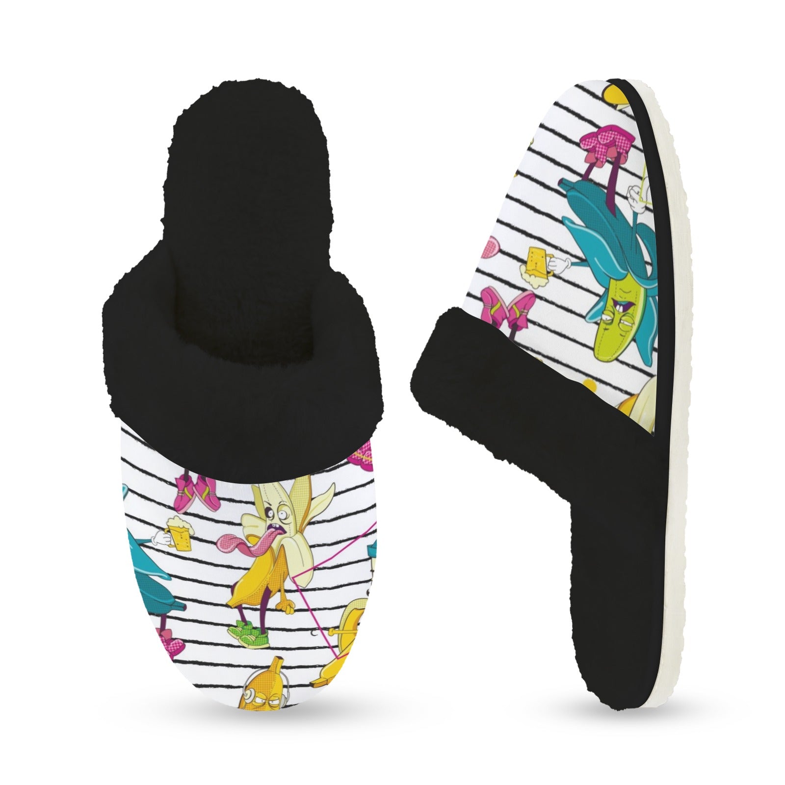 Ugly Bananas Women's Fur Trim Thick-Sole Indoor Slippers Women's Fur Trimmed Slippers Food Printed Offshore