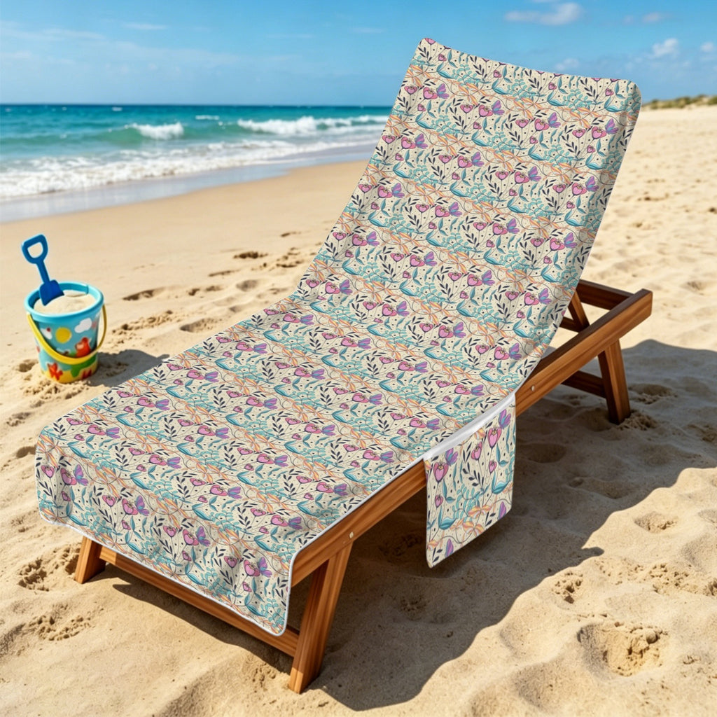 Butterfly Floral Beach Chair Towel Cover with Side Pockets