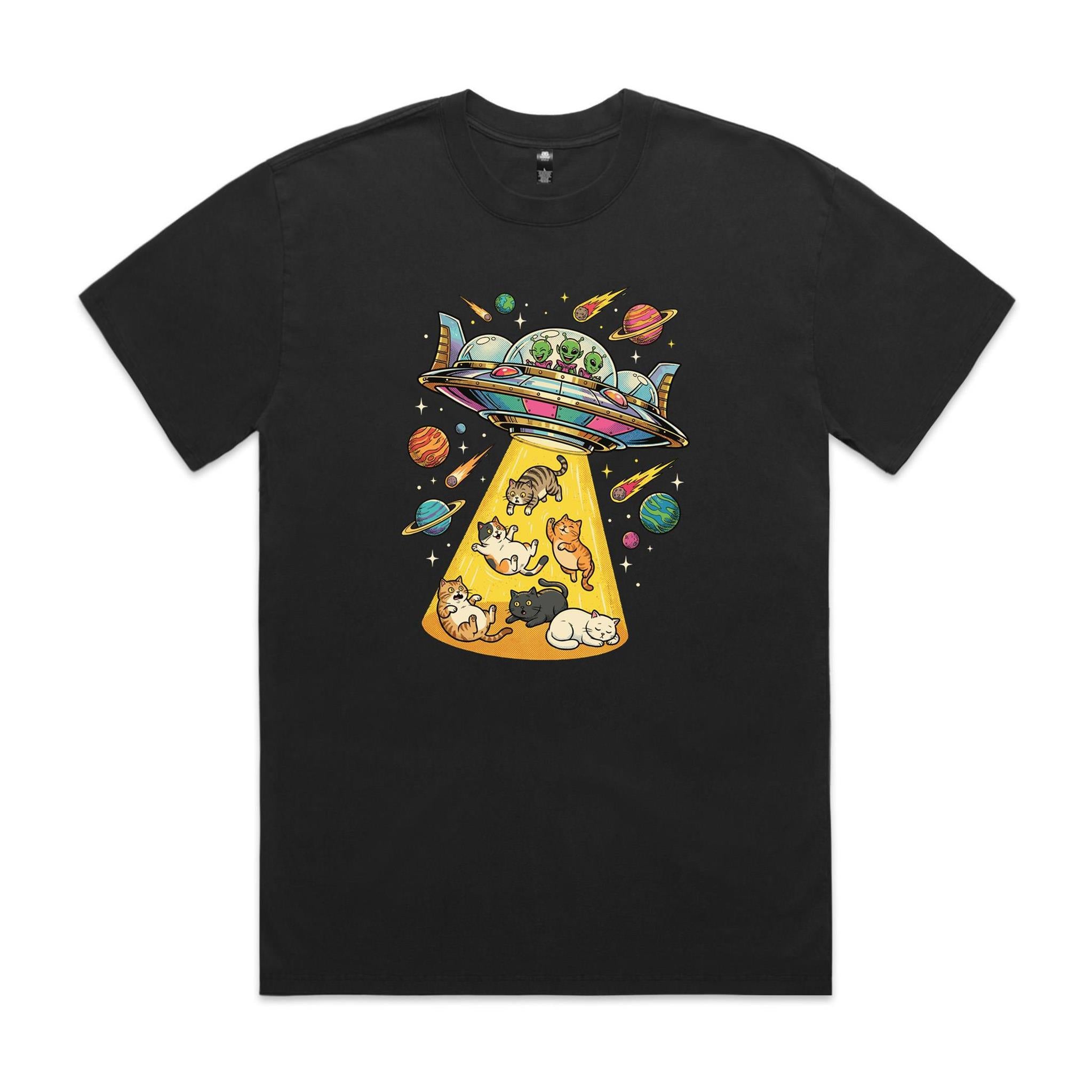 UFO Cat Abduction AS Colour Heavy Faded Tee Unisex Faded Black Heavy Faded T-shirt animal Printed In Australia Sci Fi