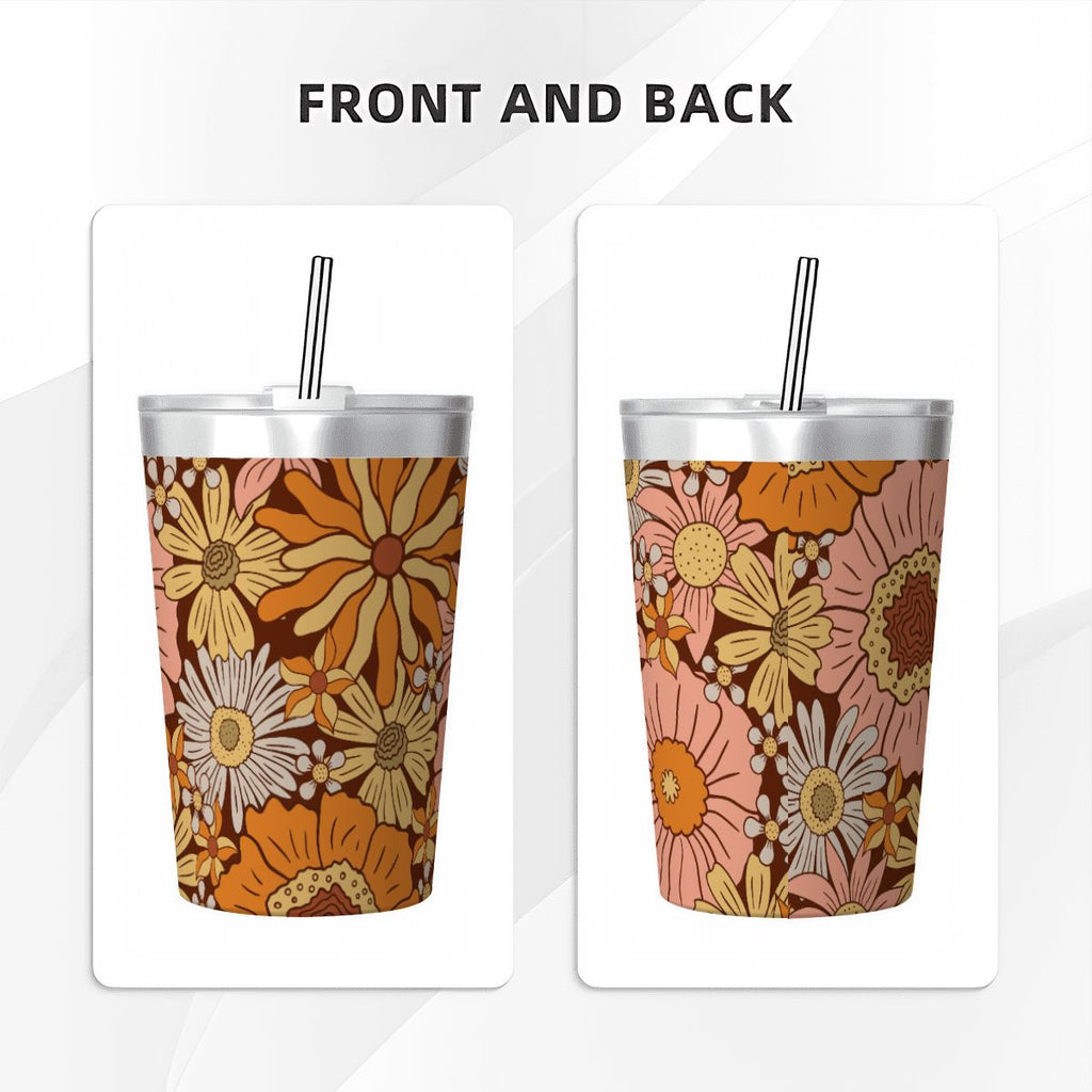 Orange Retro Floral Small Stainless Steel Travel Mug Cup 12oz/350ml
