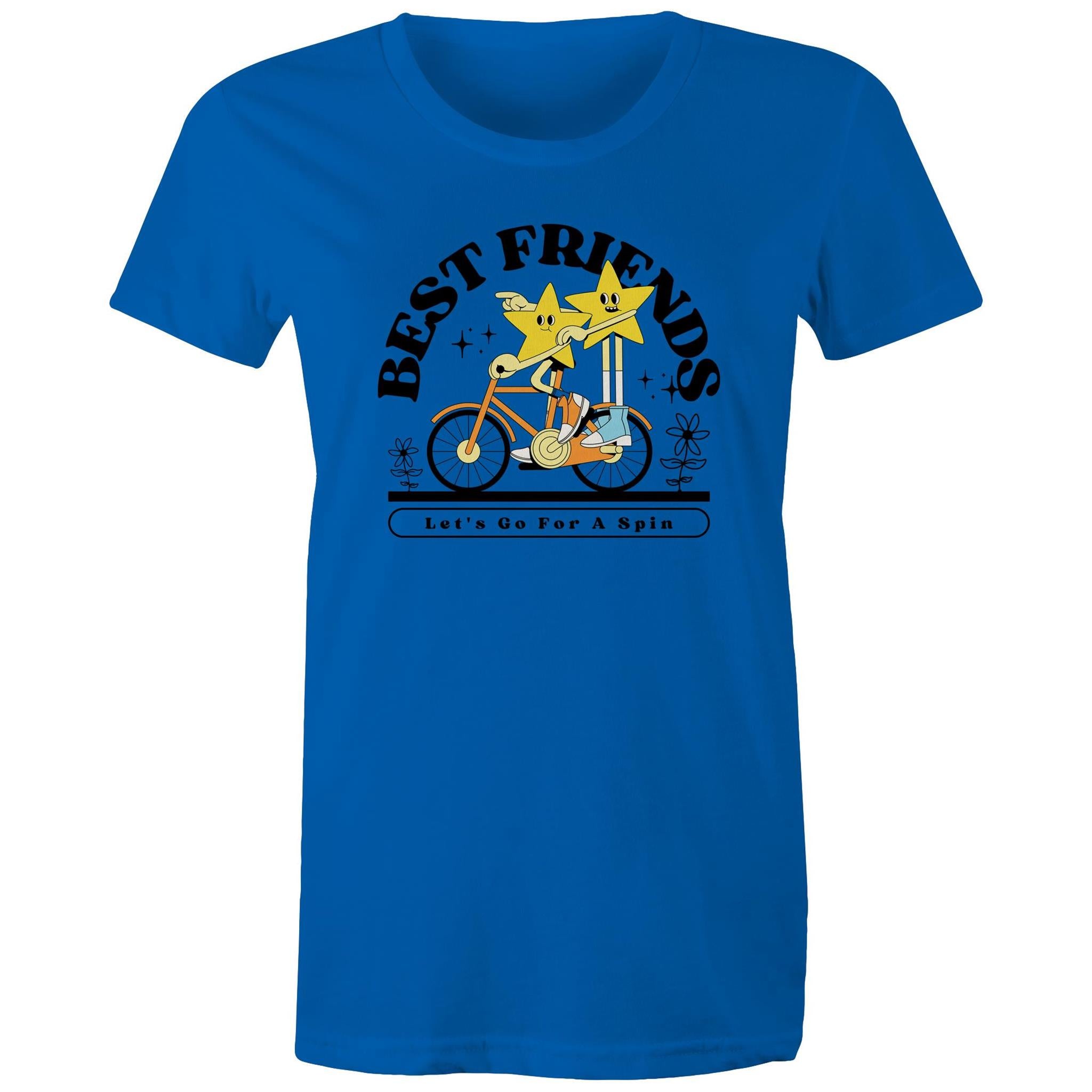 Best Friends, Riding A Bike - Womens T-shirt Bright Royal Womens T-shirt Printed In Australia Retro