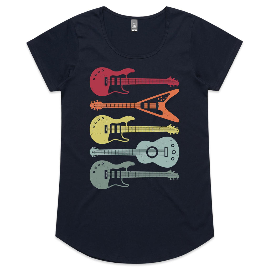 Retro Guitars - Womens Scoop Neck T-Shirt Navy Womens Scoop Neck T-shirt Music Printed In Australia