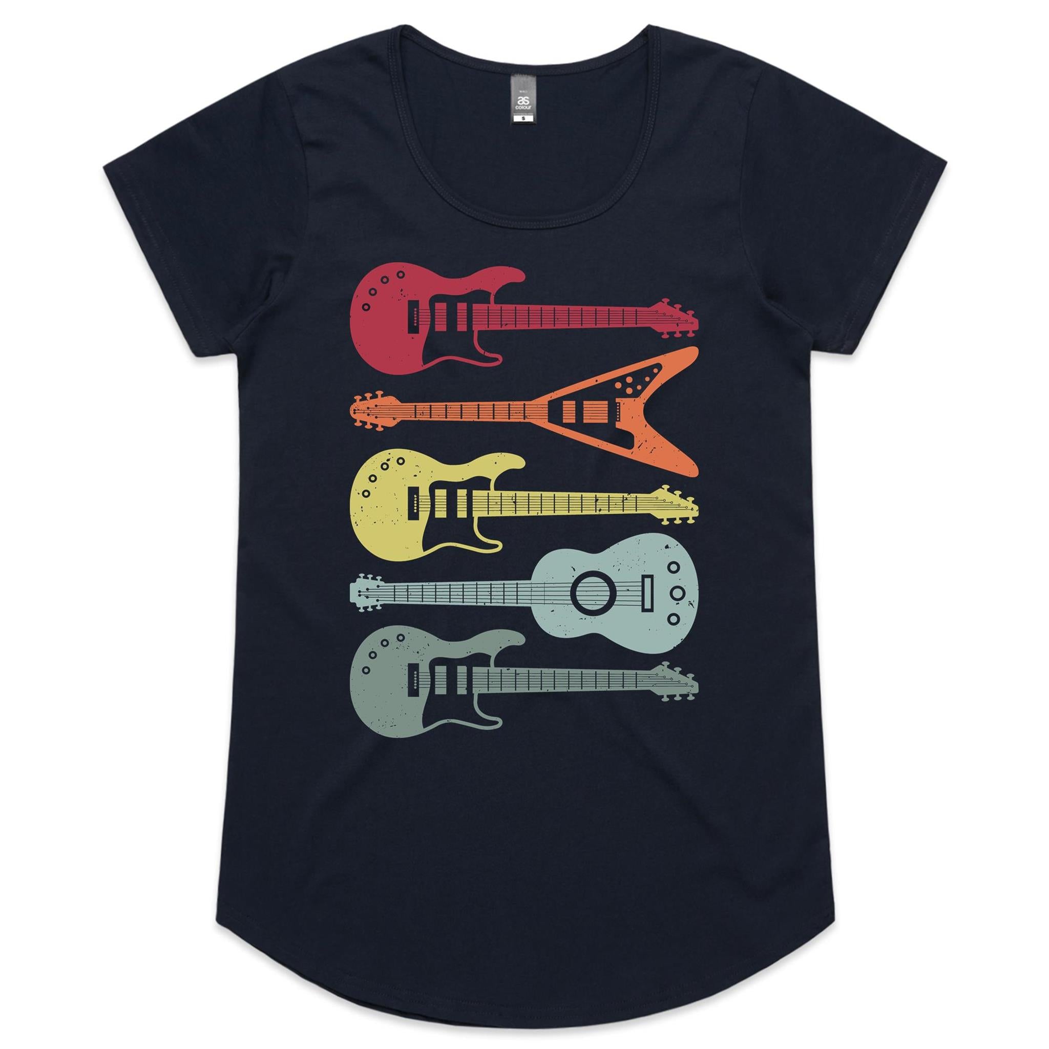 Retro Guitars - Womens Scoop Neck T-Shirt Navy Womens Scoop Neck T-shirt Music Printed In Australia