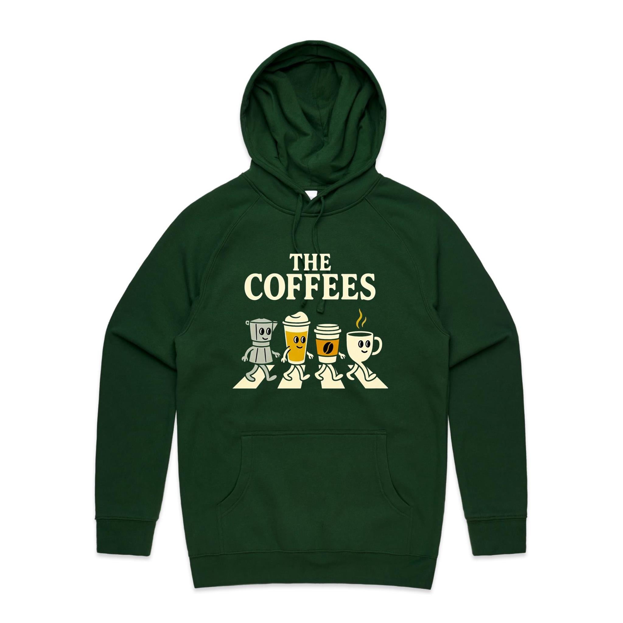 The Coffees, Crossing Road Men's AS Colour Hoodie Forest Green Mens Hoodie Coffee Music Printed In Australia