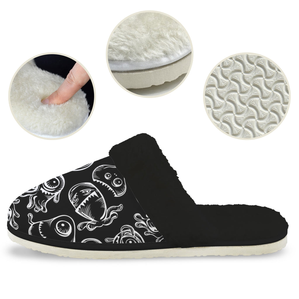 Monsters In Black And White Women's Fur Trim Thick-Sole Indoor Slippers Women's Fur Trimmed Slippers Printed Offshore Sci Fi