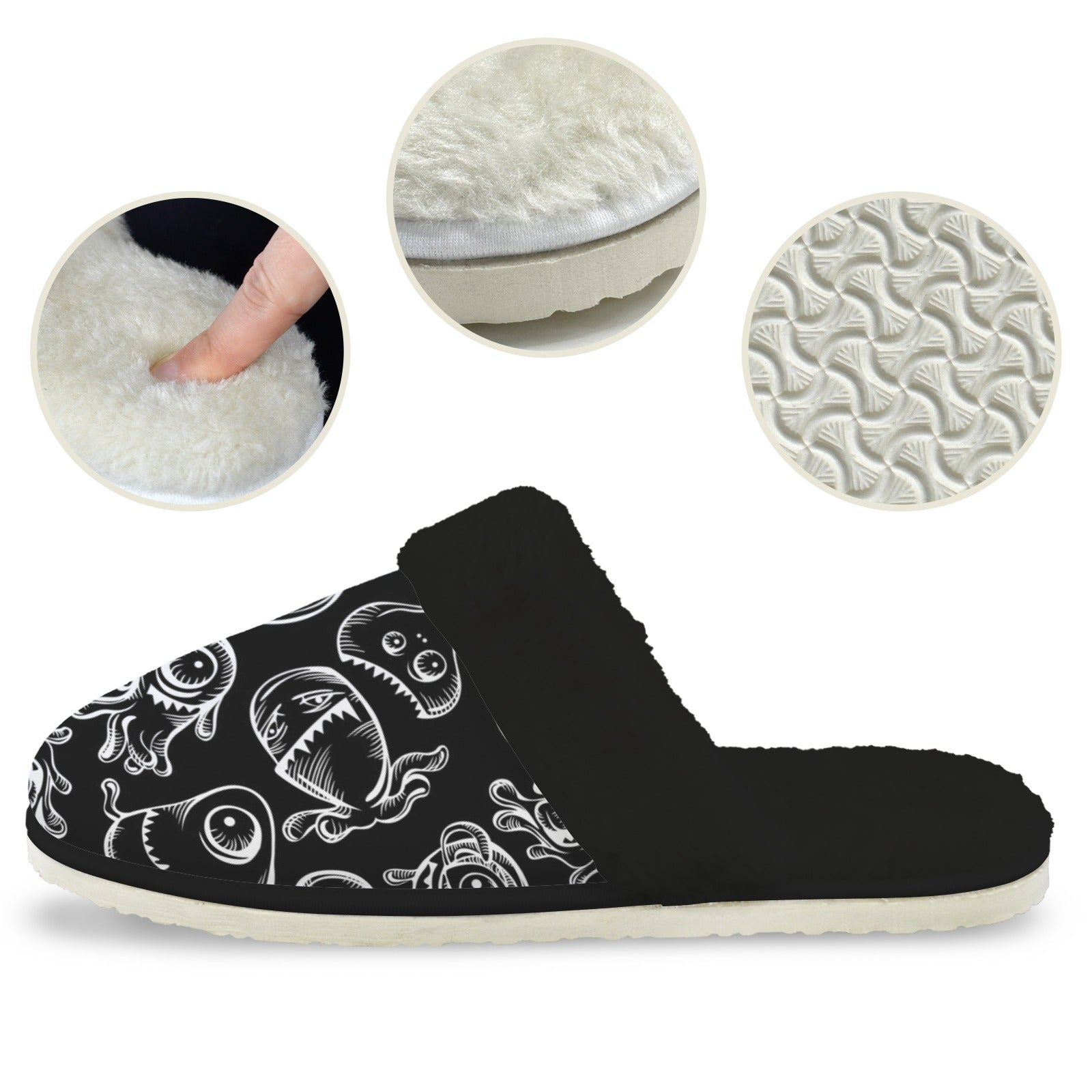 Monsters In Black And White Women's Fur Trim Thick-Sole Indoor Slippers Women's Fur Trimmed Slippers Printed Offshore Sci Fi