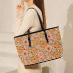 Orange Retro Floral PU Leather Tote Bag Large