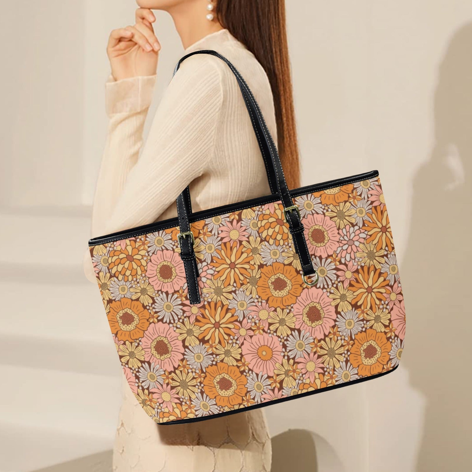 Orange Retro Floral PU Leather Tote Bag Large