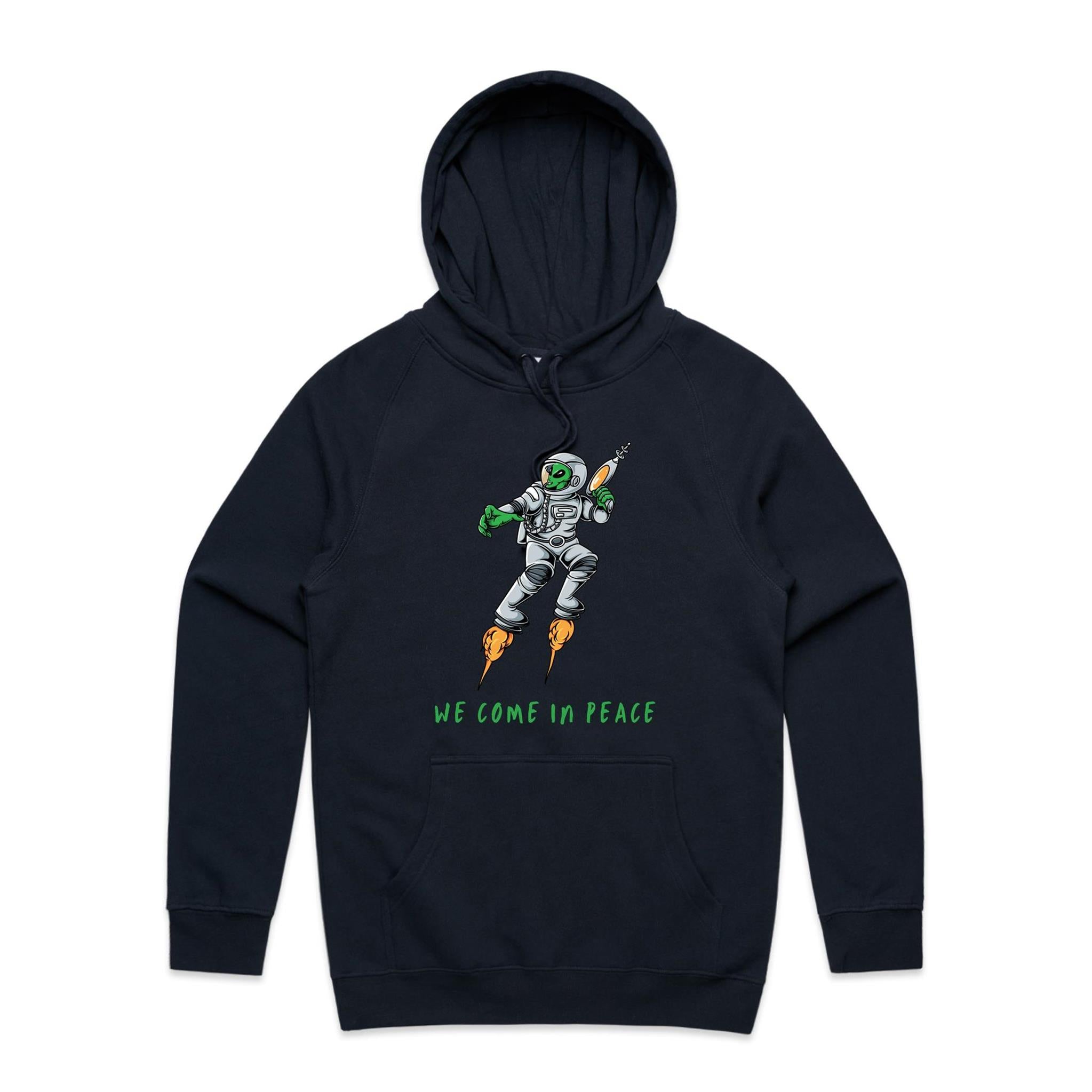 Alien Invasion, We Come In Peace - Mens Hoodie Navy Mens Hoodie Printed In Australia Sci Fi