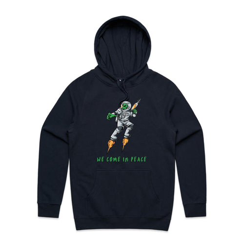 Alien Invasion, We Come In Peace - Mens Hoodie Navy Mens Hoodie Printed In Australia Sci Fi