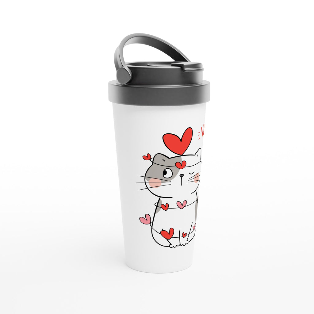 Cat Heart Meow - White 15oz Stainless Steel Travel Mug Travel Mug animal Globally Fulfilled Love