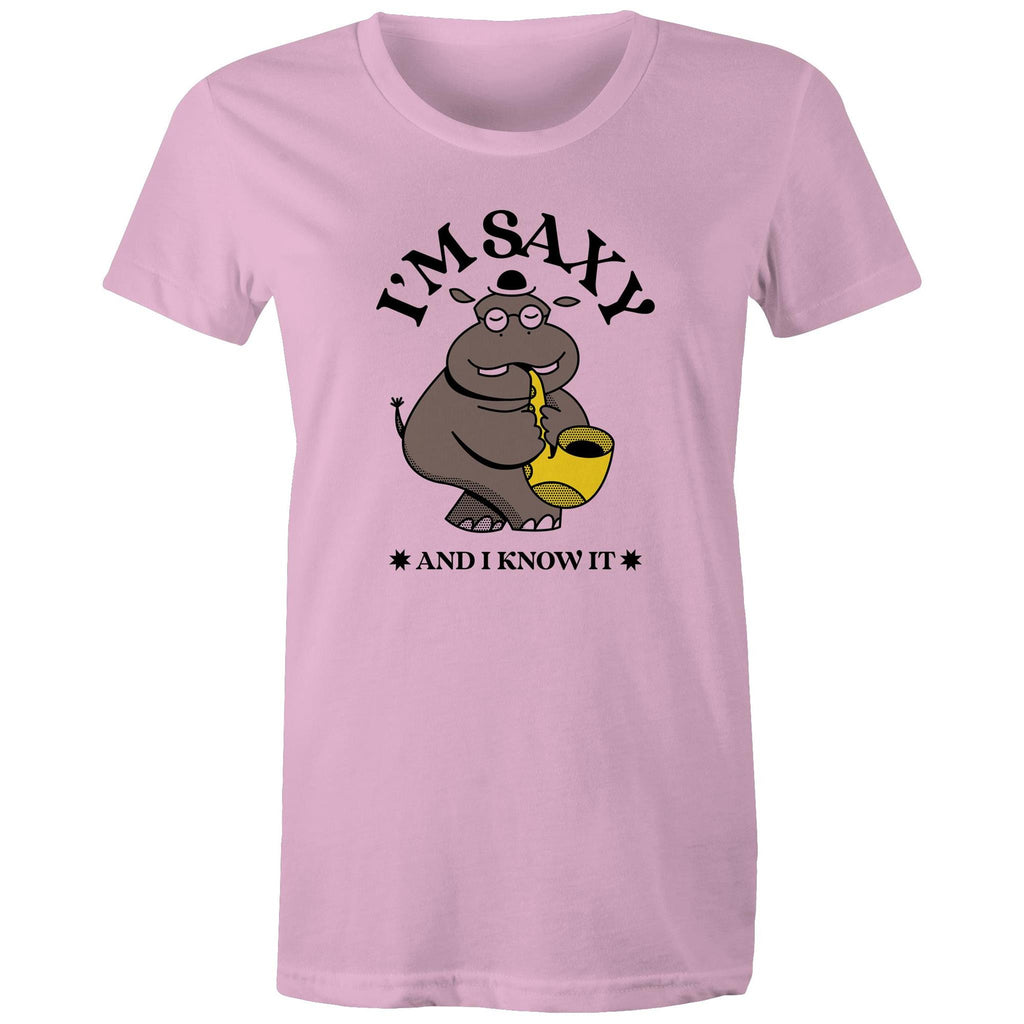 I'm Saxy And I Know It, Saxophone Hippo - Womens T-shirt Pink Womens T-shirt animal Music Printed In Australia