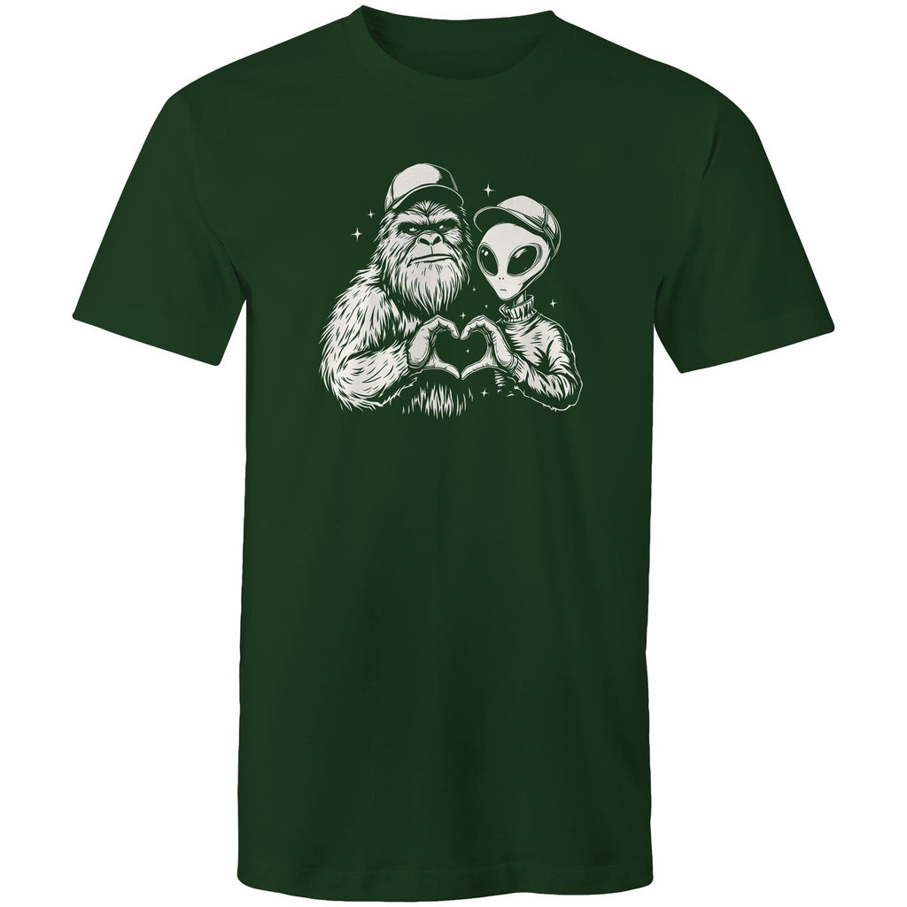 Alien Bigfoot Heart Hands - Mens T-Shirt Forest Green Mens T-shirt Love Printed In Australia Sci Fi