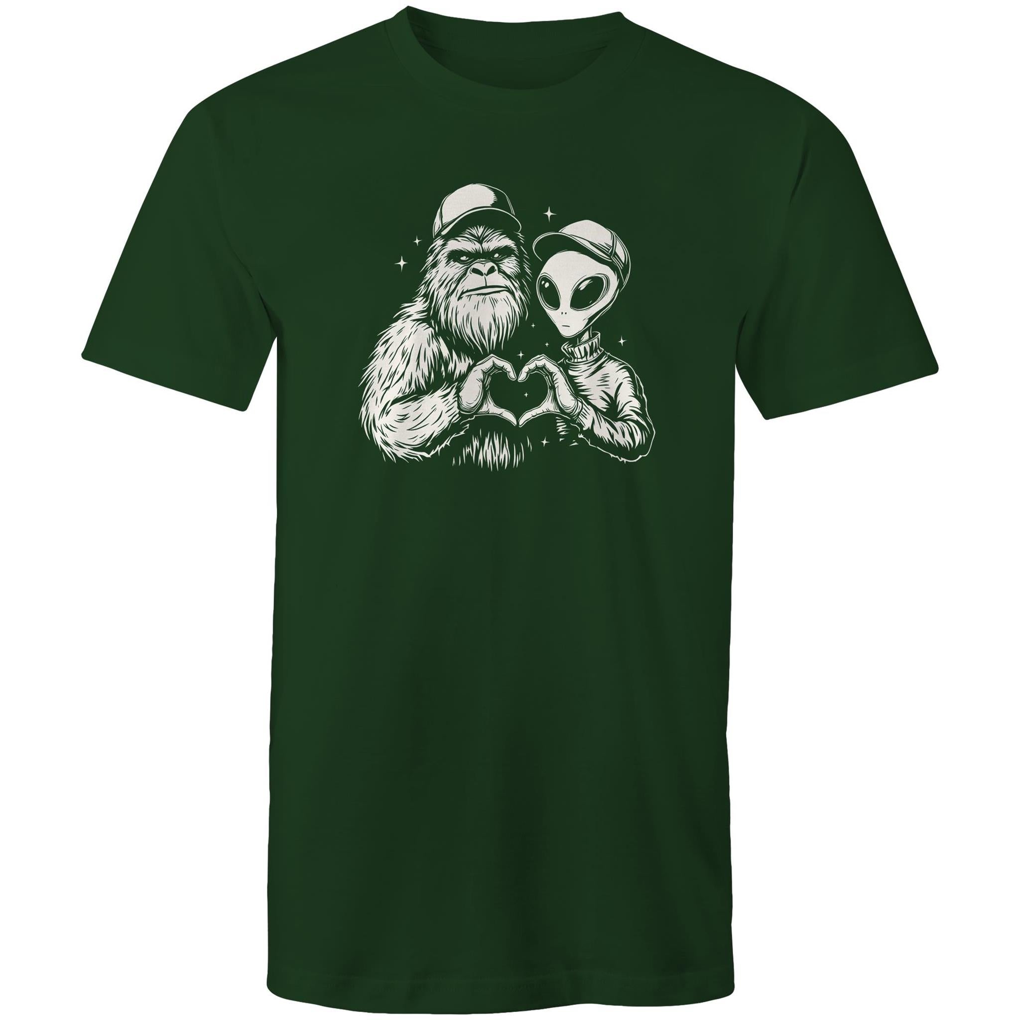 Alien Bigfoot Heart Hands - Mens T-Shirt Forest Green Mens T-shirt Love Printed In Australia Sci Fi
