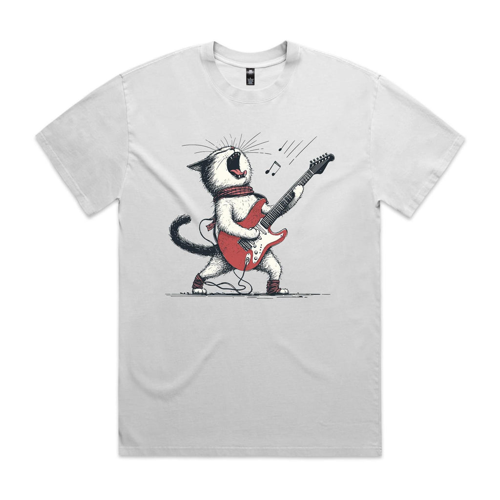 Cat Playing Guitar AS Colour Heavy Faded Tee Unisex Faded White Heavy Faded T-shirt animal Music Printed In Australia