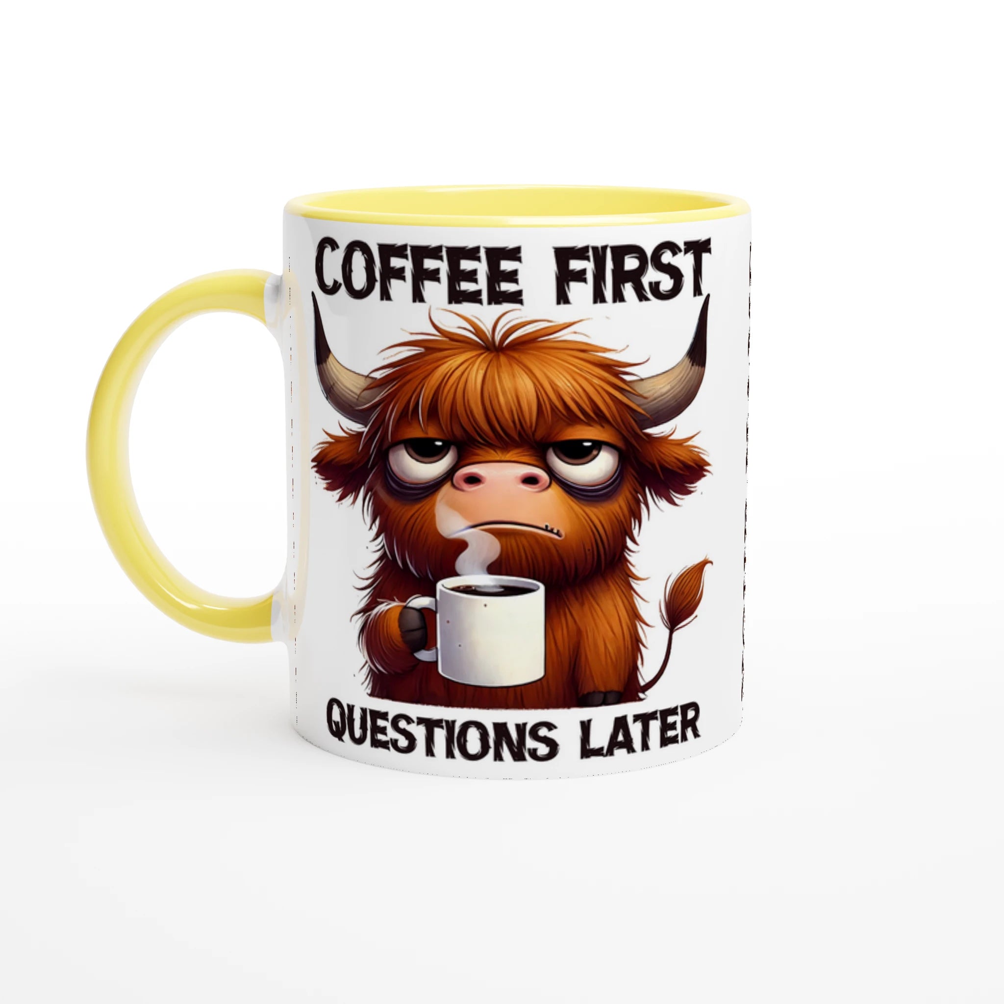 Personalise - Coffee First, Questions Later, Highland Cow - 11oz Ceramic Mug Ceramic Yellow Personalised 11oz Mug animal Coffee Globally Fulfilled