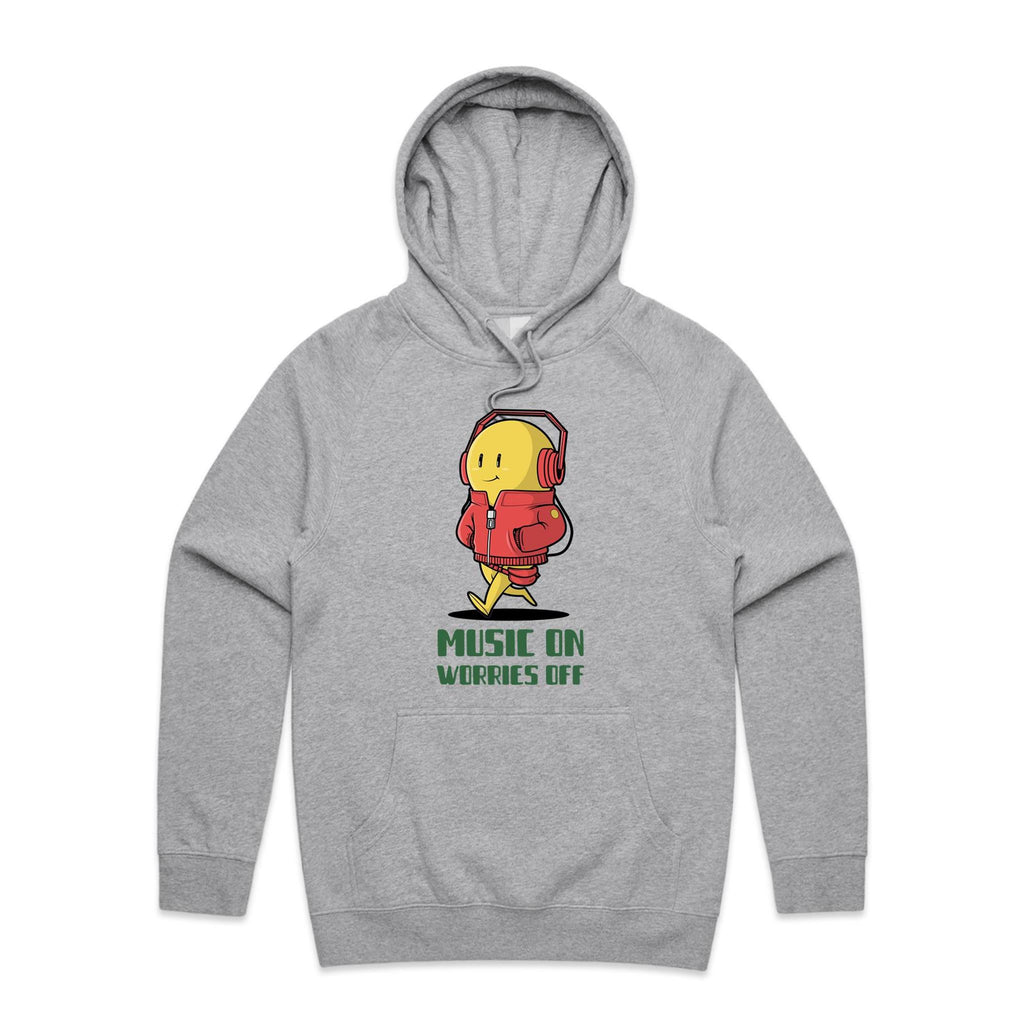 Music On, Worries Off - Mens Hoodie Grey Marle Mens Hoodie Music Printed In Australia