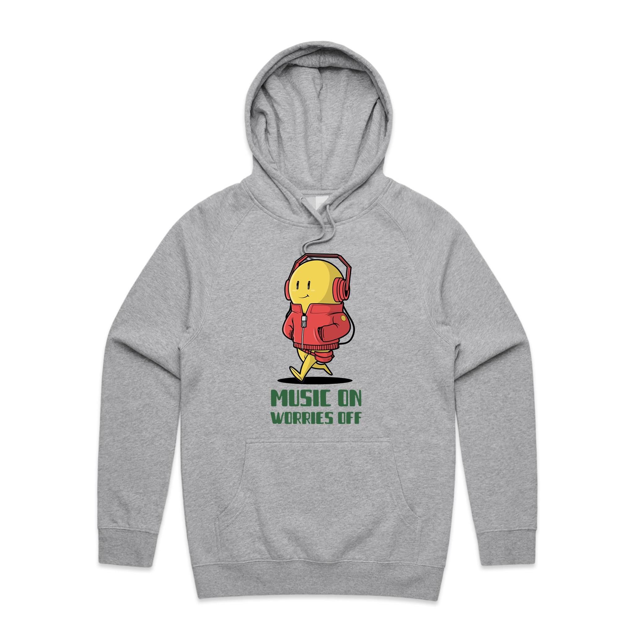 Music On, Worries Off - Mens Hoodie Grey Marle Mens Hoodie Music Printed In Australia