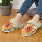Watercolour Sunflower Women's Fur Trim Thick-Sole Indoor Slippers Women's Fur Trimmed Slippers Plants Printed Offshore