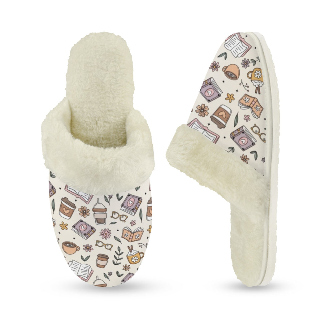 Books And Coffee Women's Fur Trim Thick-Sole Indoor Slippers Women's Fur Trimmed Slippers animal Printed Offshore Reading