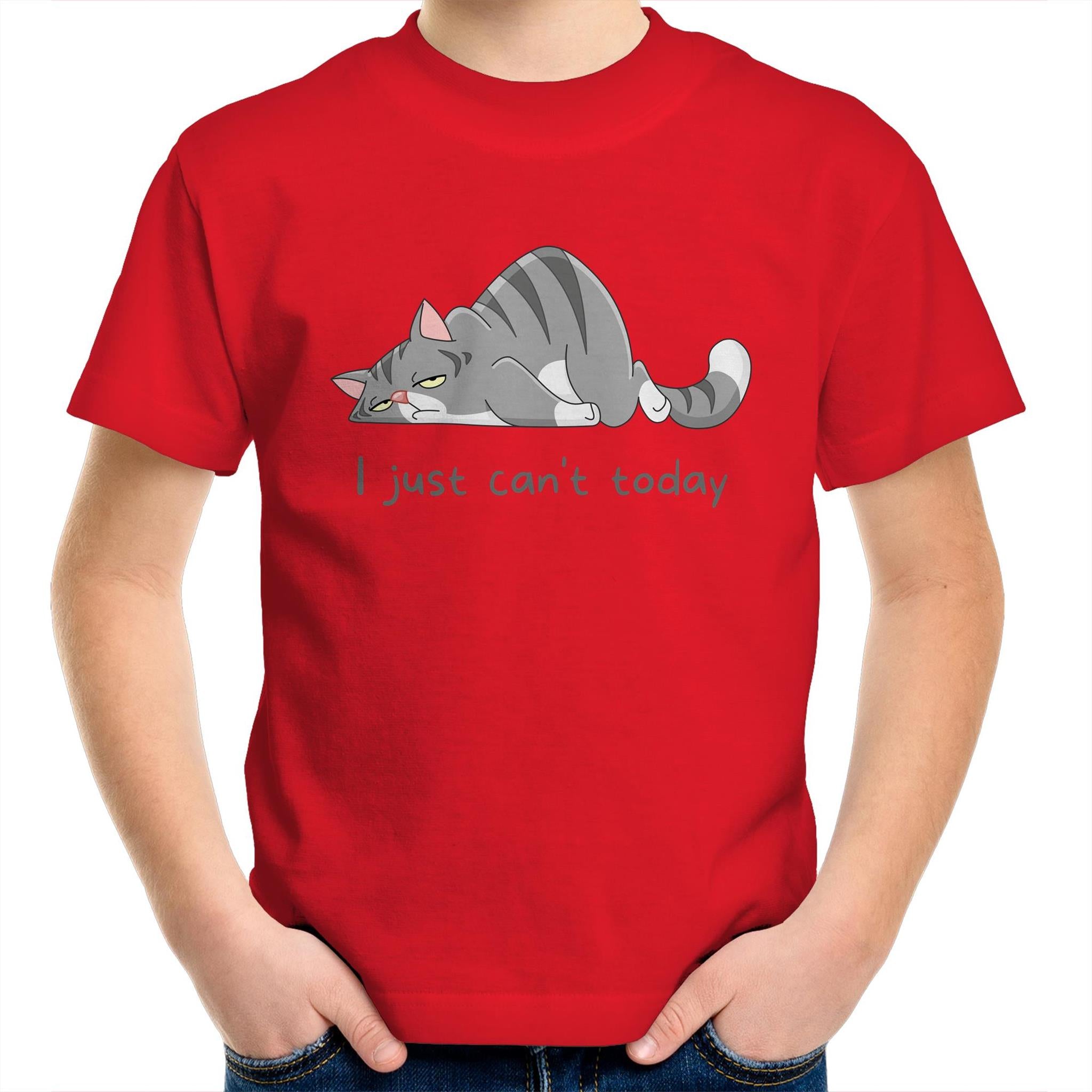 Cat, I Just Can't Today - Kids Youth T-Shirt Red Kids Youth T-shirt animal Printed In Australia