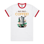 But First Coffee - Staple Ringer Tee White Red Ringer T-Shirt Coffee Printed In Australia