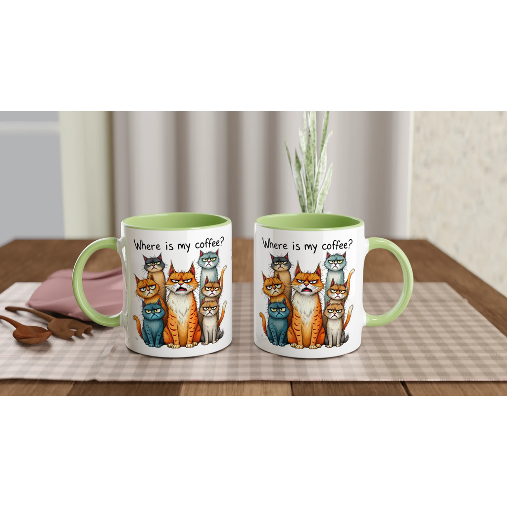 Where Is My Coffee, Cranky Cats - White 11oz Ceramic Mug with Colour Inside Colour 11oz Mug animal Coffee Globally Fulfilled