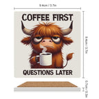 Highland Cow, Coffee First - Ceramic Coasters (Square) Ceramic Coasters animal Printed Offshore