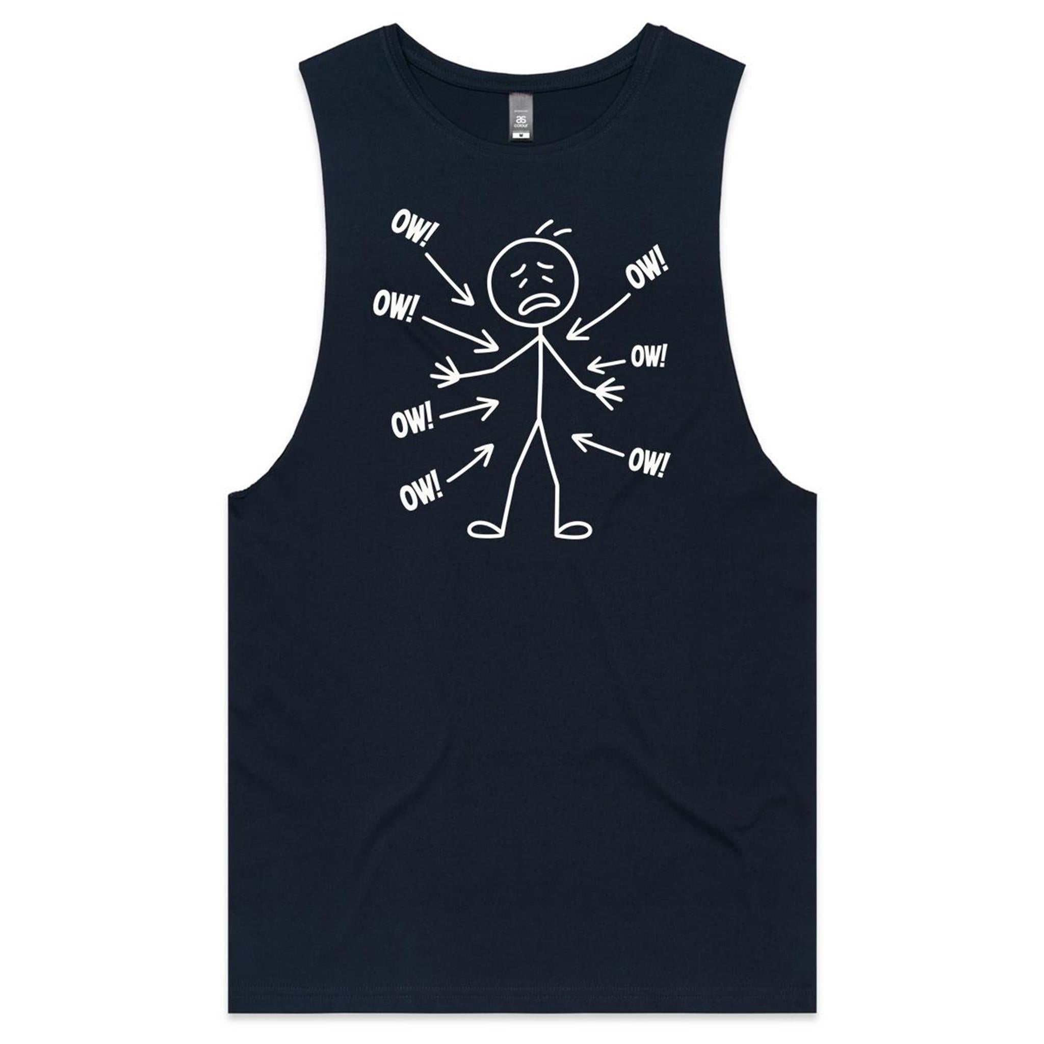 Ow! Everything Hurts Stick Figure Men's AS Colour Tank Top Navy Drop Arm Tank Top Printed In Australia