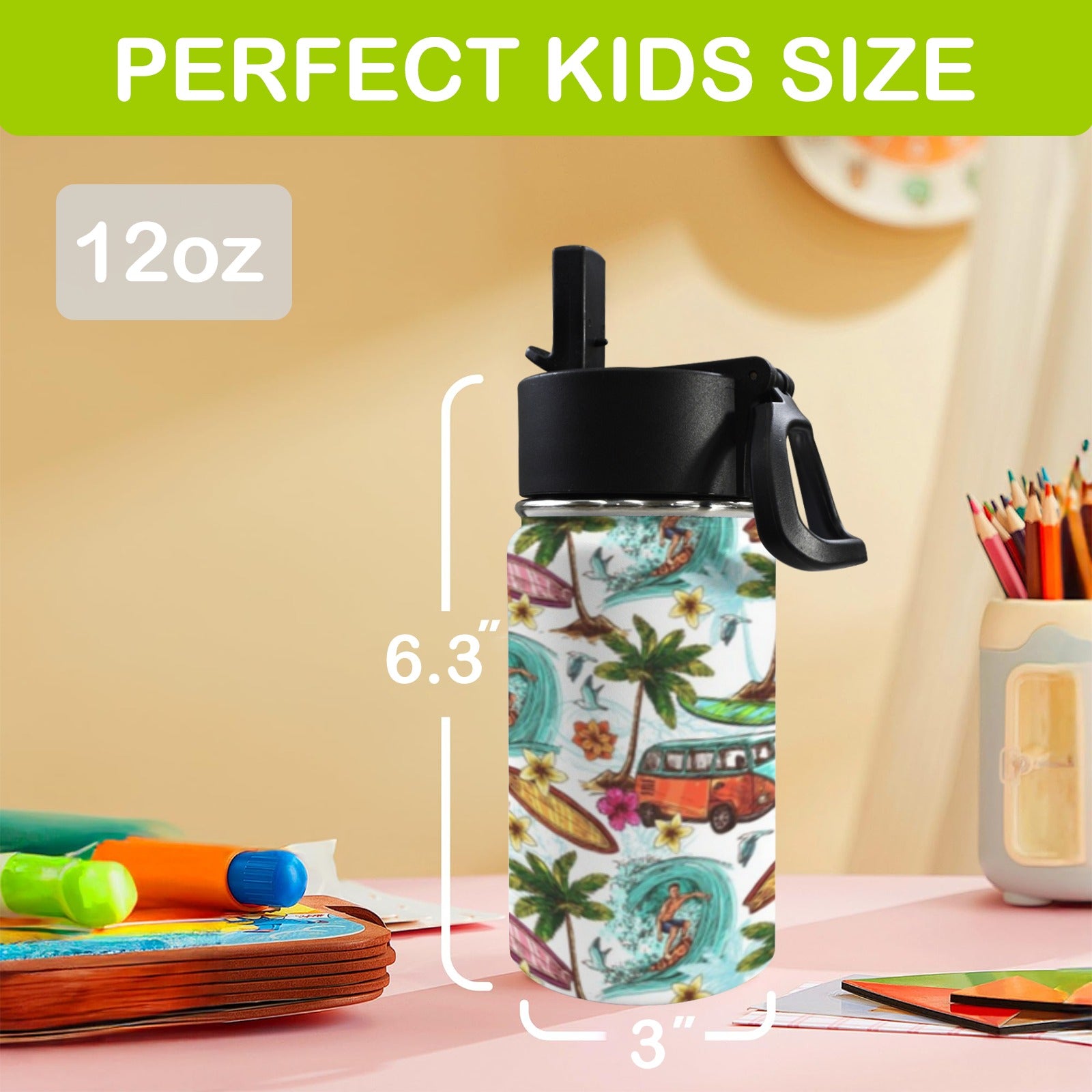 Surfing Safari 12oz Kids Water Bottle with Straw Lid