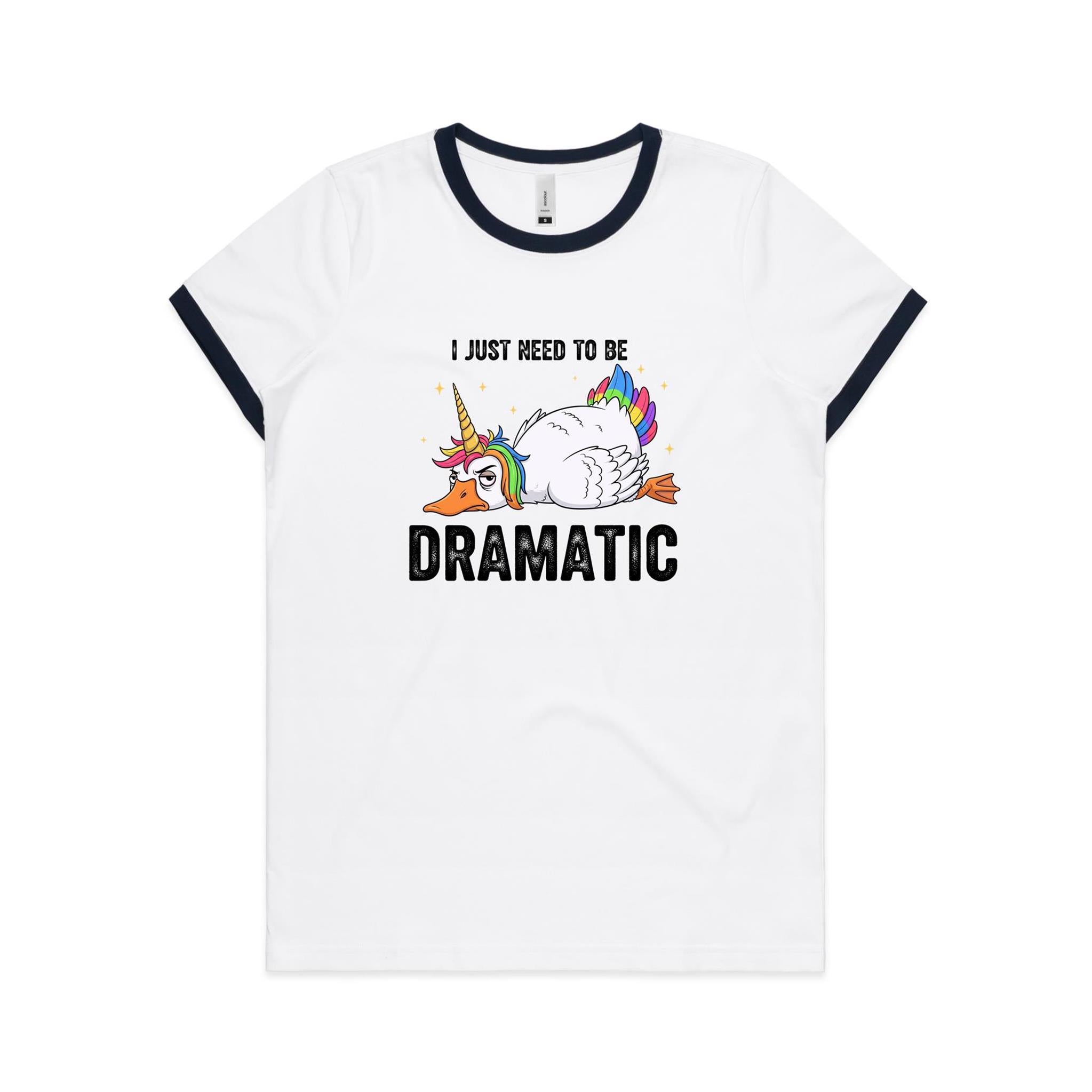 Dramatic Unicorn Goose AS Colour Women's Ringer Tee White Navy Womens Ringer T-shirt animal Printed In Australia