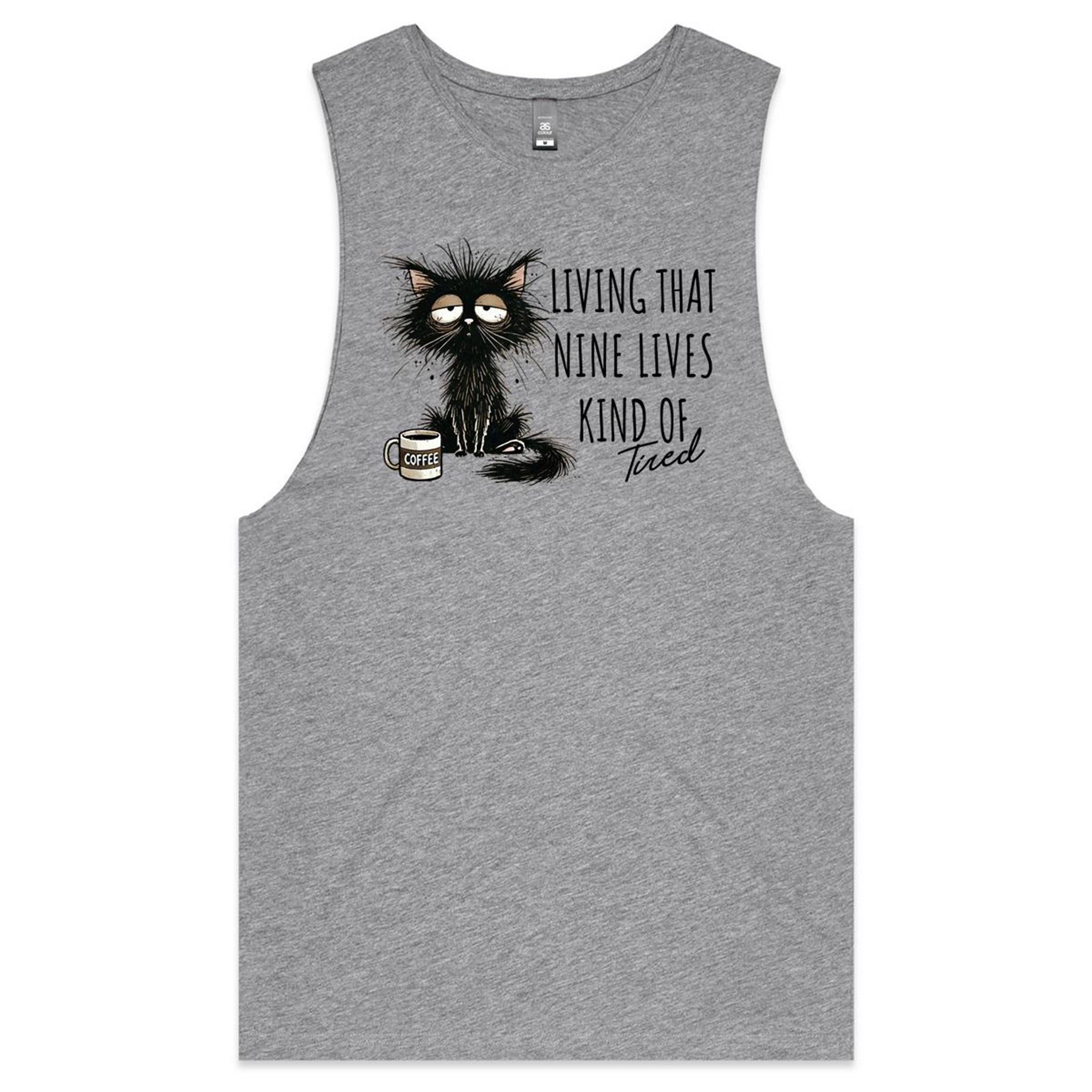 Living That Nine Lives Kind Of Tired, Frazzled Cat - Mens Tank Top Tee Grey Marle Drop Arm Tank Top animal Printed In Australia