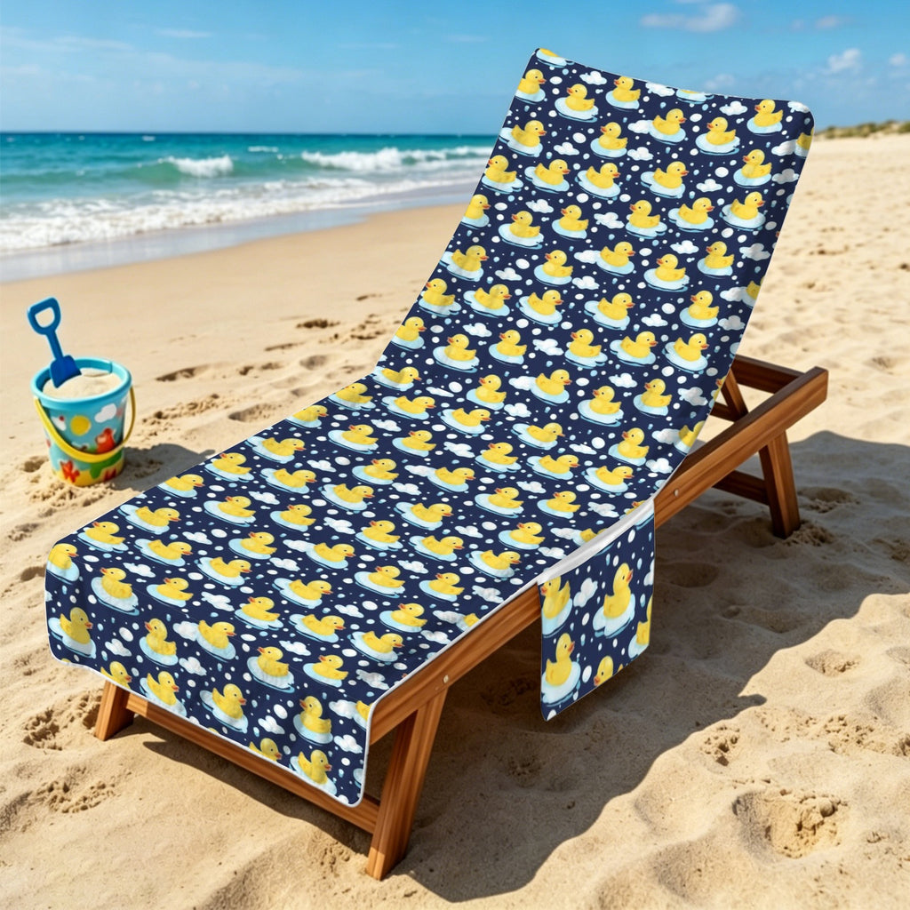 Rubber Ducks On Dark Beach Chair Towel Cover with Side Pockets