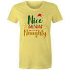 Nice Until Proven Naughty, Christmas - Womens T-shirt Yellow Womens Christmas T-shirt Christmas Printed In Australia