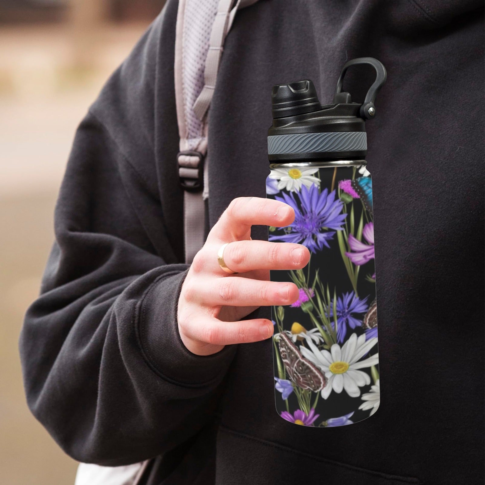 Butterfly Flowers - Insulated Water Bottle with Dual-Use Lid (18oz) Insulated Water Bottle with Dual-Use Lid (18oz) Plants Printed Offshore