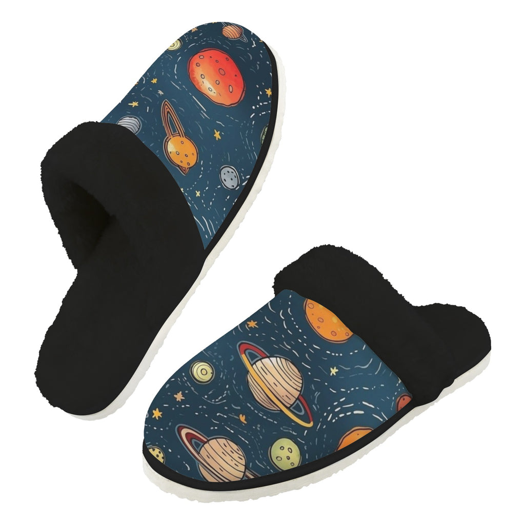 Galaxy Men's Fur Trim Thick-Sole Indoor Slippers 2XL Men's Fur Trimmed Slippers Printed Offshore Space