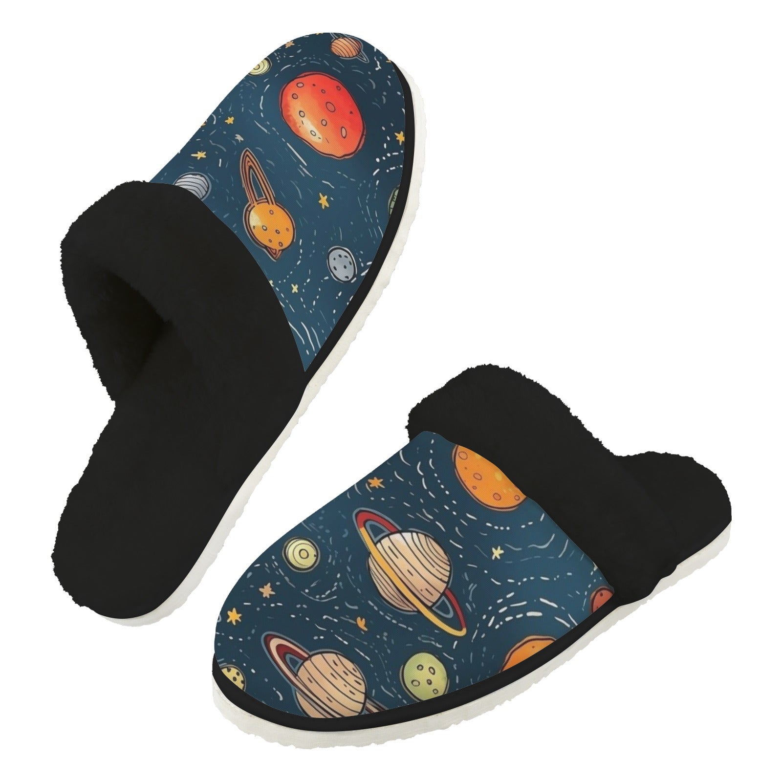 Galaxy Men's Fur Trim Thick-Sole Indoor Slippers 2XL Men's Fur Trimmed Slippers Printed Offshore Space