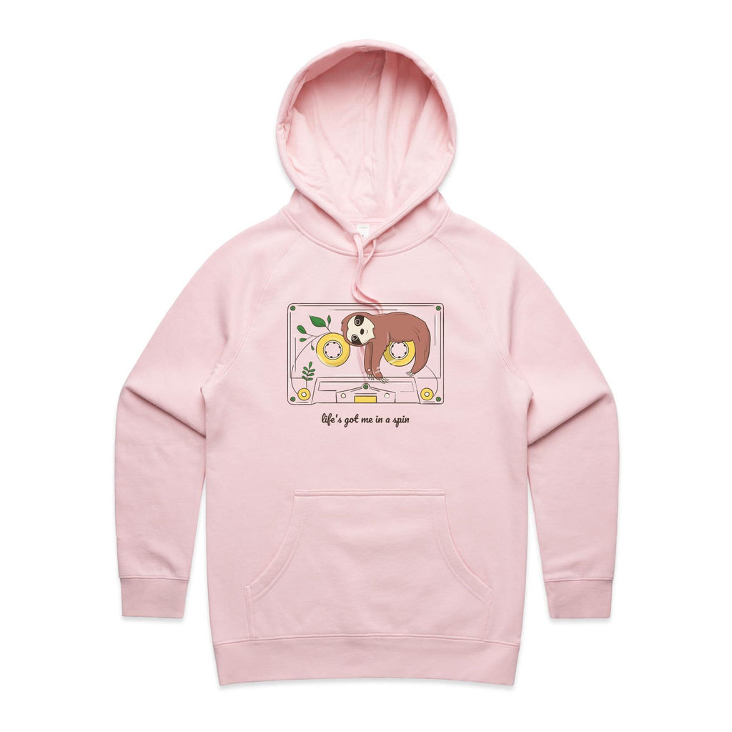 Life's Got Me In A Spin, Sloth Cassette Tape - Womens Hoodie Pink Womens Hoodie animal Music Printed In Australia Retro