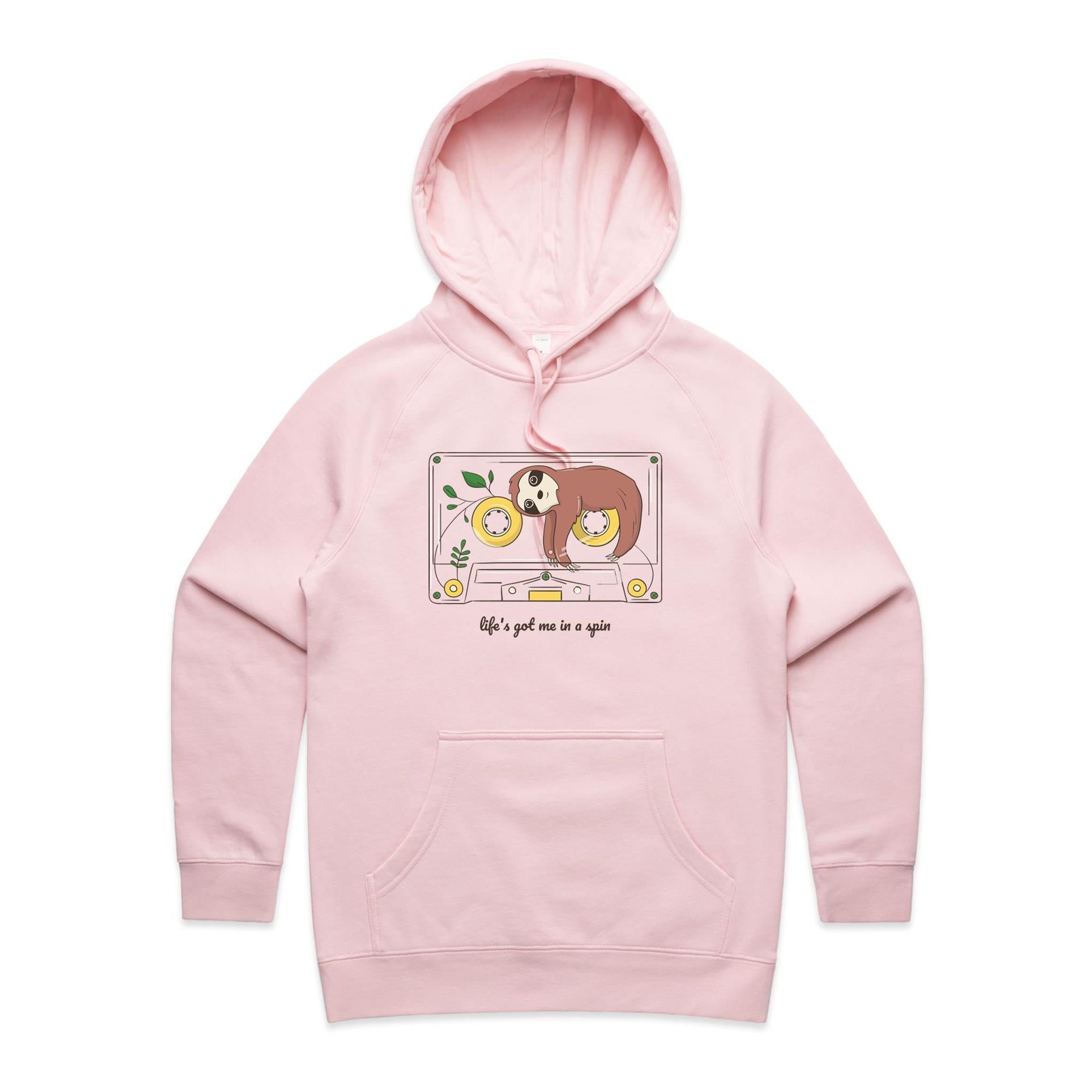 Life's Got Me In A Spin, Sloth Cassette Tape - Womens Hoodie Pink Womens Hoodie animal Music Printed In Australia Retro
