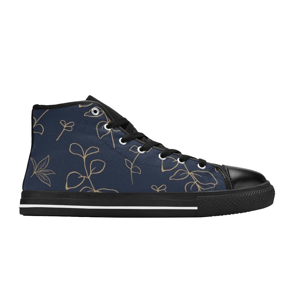 Gold Flowers On Navy - Men's High Top Canvas Shoes