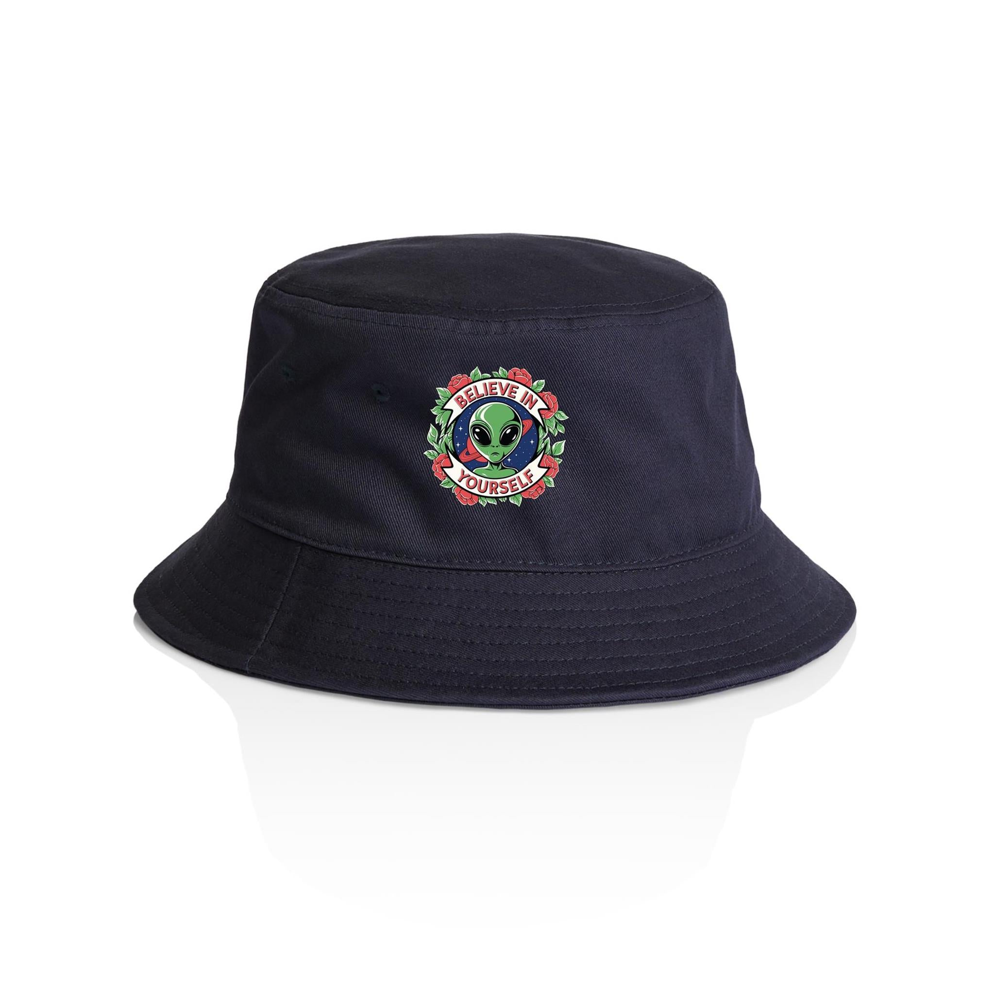 Believe In Yourself, Alien - AS Colour Bucket Hat Navy One Size As Colour Bucket Hat Motivation Positivity Printed In Australia Sci Fi