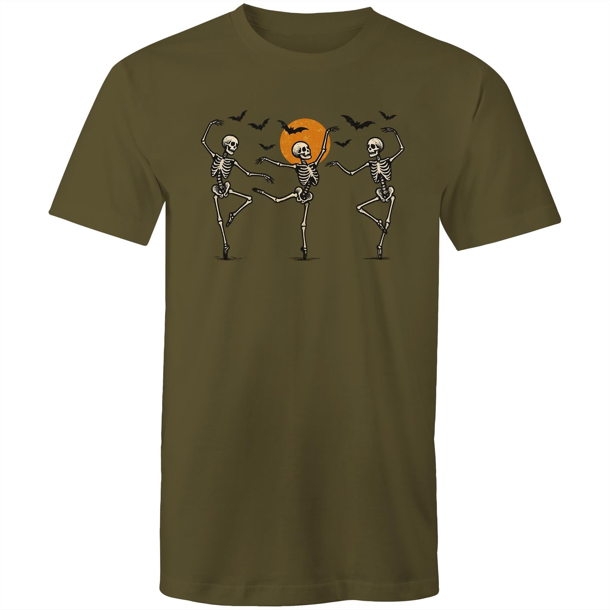 Skeleton Dance, Halloween - Mens T-Shirt Army Green Mens T-shirt Halloween Printed In Australia