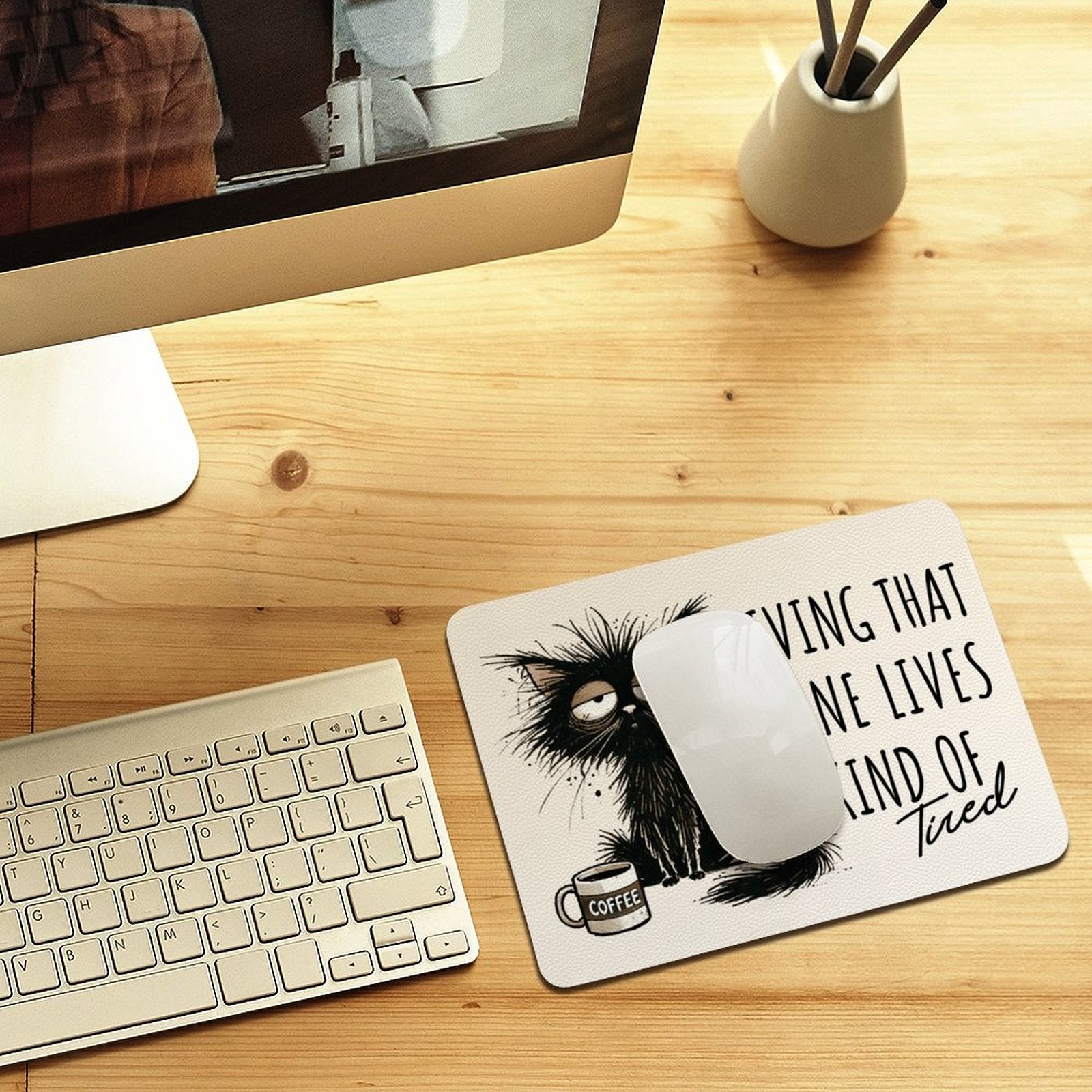Living That Nine Lives Kind Of Tired, Cat Leather Mouse Pad Leather Mouse Pad animal Printed Offshore